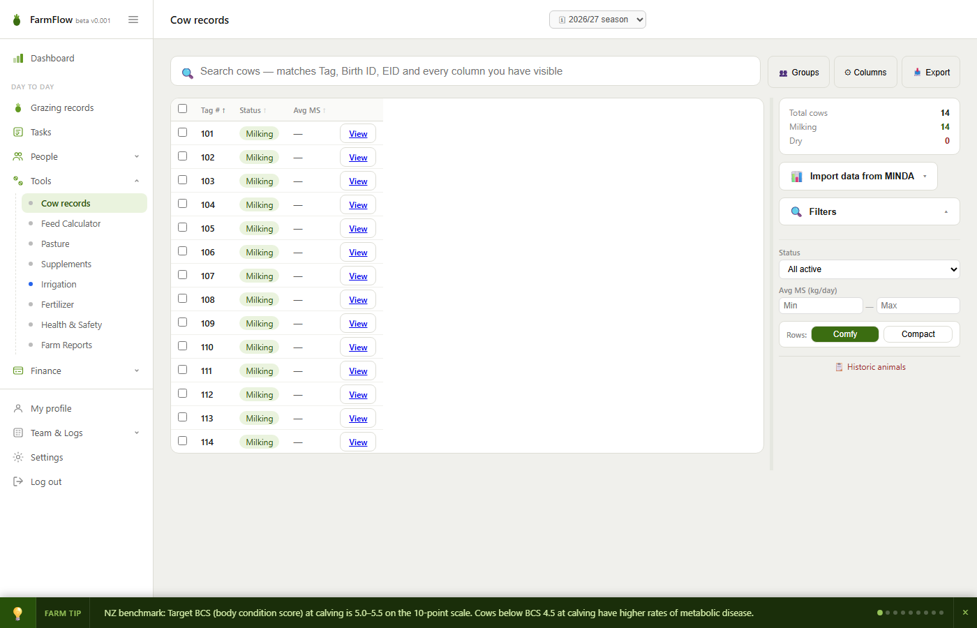 FarmFlow cow records — searchable herd list with filters and MINDA import
