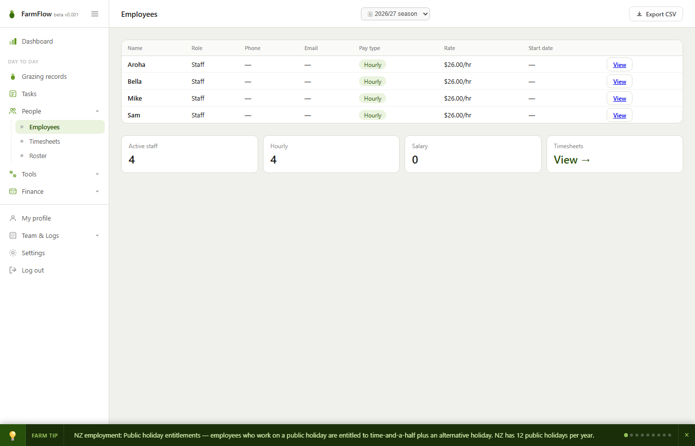 FarmFlow employees — staff records, pay types and rates
