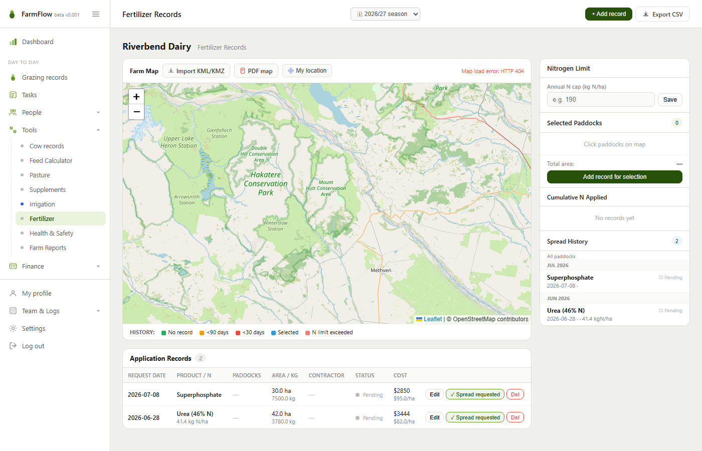 FarmFlow fertiliser records — paddock map, nitrogen tracking and spread history