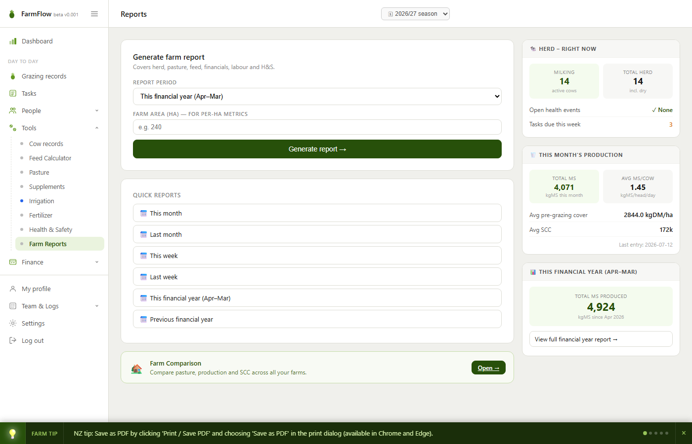FarmFlow farm reports — one-click summaries of herd, production and finances