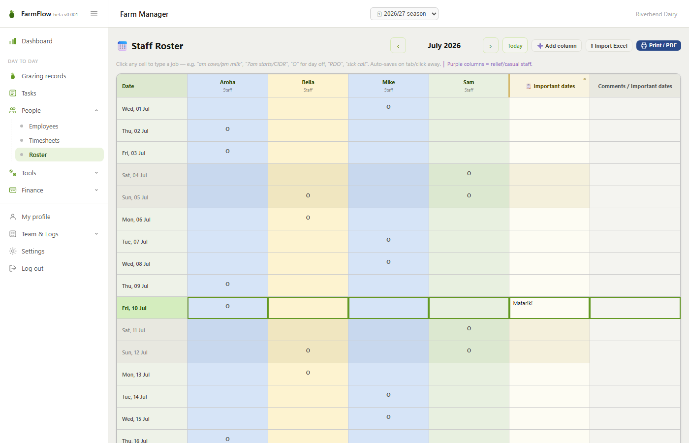 FarmFlow staff roster — month view with day-off marks and important dates