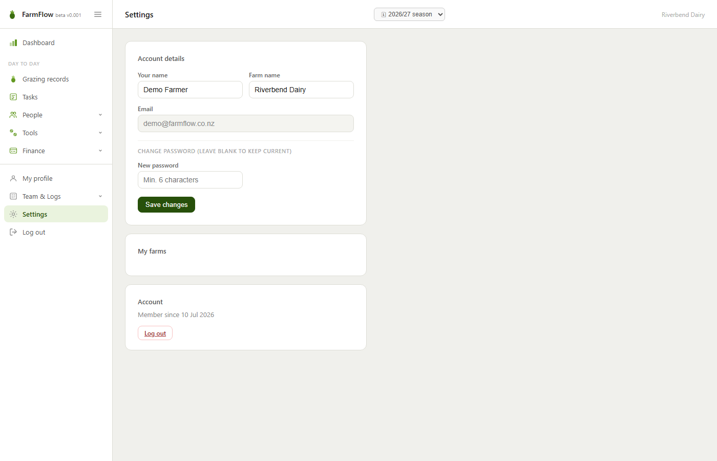 FarmFlow settings — account, farms and team management