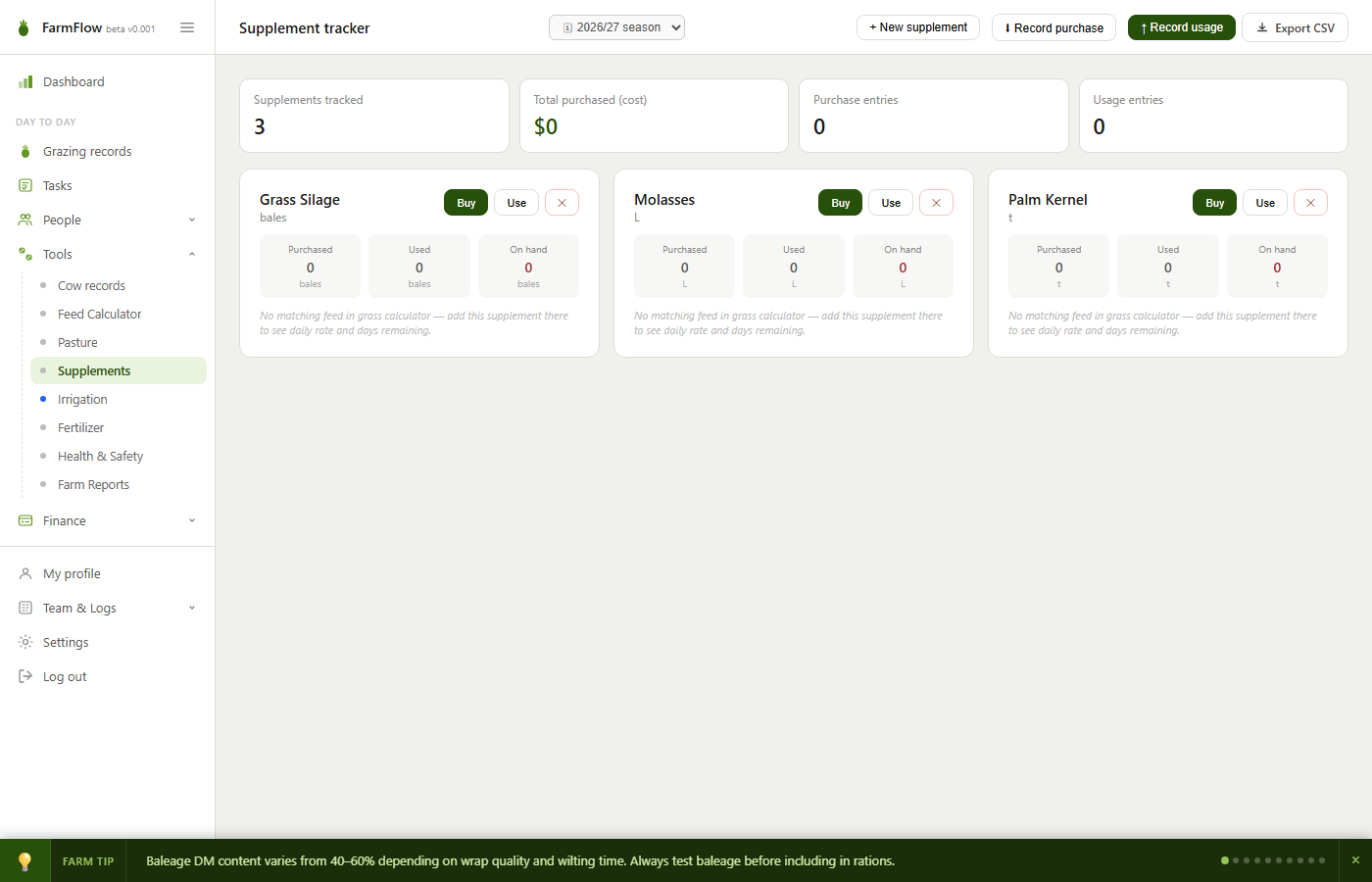 FarmFlow supplement tracker — purchases, usage and stock on hand