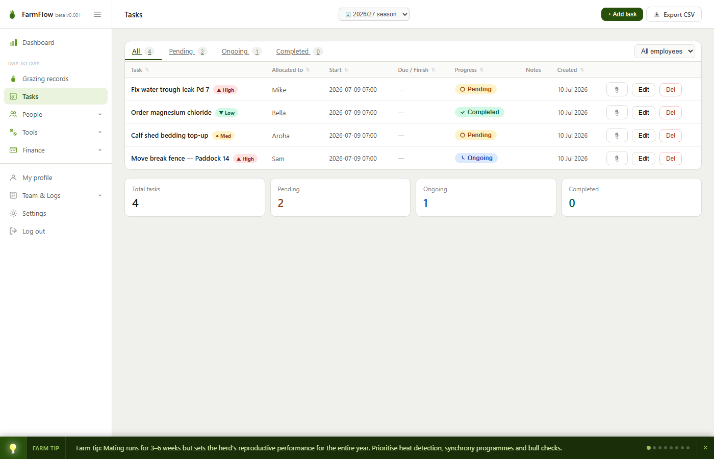 FarmFlow tasks — assign to staff, prioritise and track progress